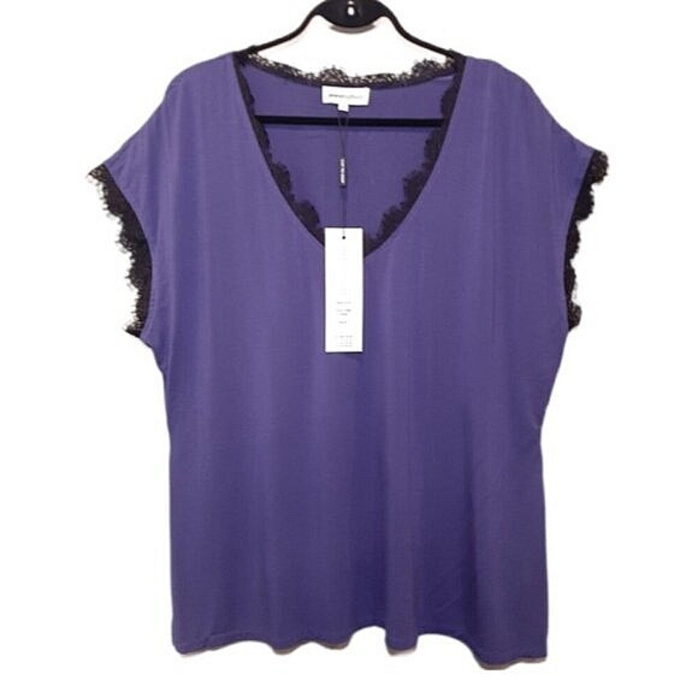 NEW Anna Scholz Royal Purple Tunic Top Short Dolman Sleeve Vneck Lace Blouse